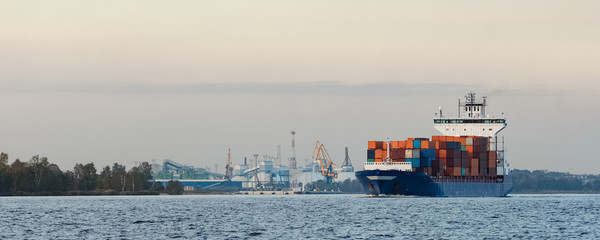 Blue container ship