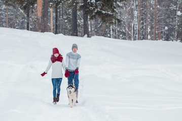 Young couple with a Husky dog walking in winter park, man and woman playing and having fun with dog.