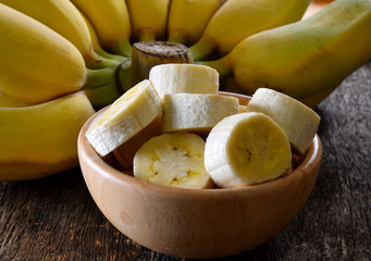 Banana in wood bowl on wood