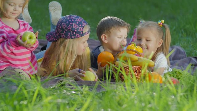 Group of happy smiling children playing with vegitables and fruits outdoors in spring park