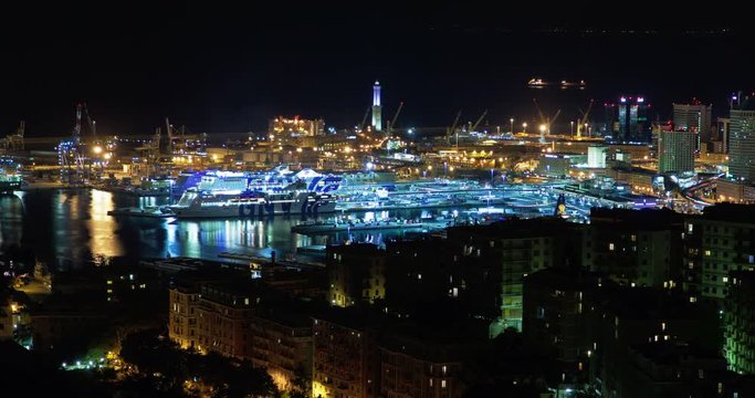 Night coast of the Italian city of Genoa, lighthouse, time lapse