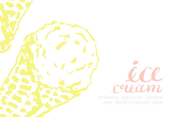 Ice cream scoop cone pattern hand drawing illustration ink brush style yellow color and ice cream text pink color isolated on white background, with copy space