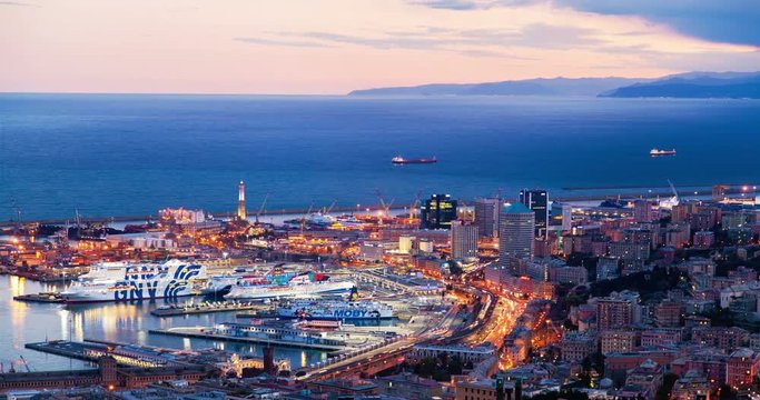 GENOA, ITALY - April 27, 2017: Panorama of the city after sunset timelapse.