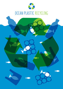 Ocean plastic pollution vector illustration. Plastic garbage (bag, bottle) in the ocean graphic design. Water waste problem creative concept. Eco problem banner with recycling sign.
