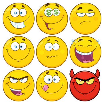 Funny Yellow Cartoon Emoji Face Series Character Set 2. Collection Isolated On White