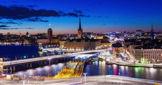 Stockholm landmark old city Sunset panorama timelapse night traffic