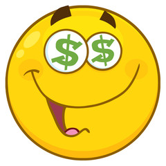 Funny Yellow Cartoon Emoji Face Character With Dollar Eyes And Smiling Expression. Illustration Isolated On White Background