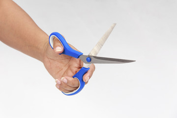   woman's hand holding  scissors on white background.