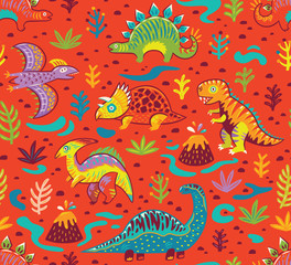 Seamless pattern with cartoon dinosaurs