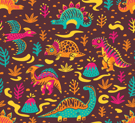 Obraz premium Seamless pattern with cartoon dinosaurs