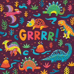 Naklejka na ściany i meble Dinosaurs party card design. vector illustration