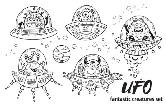 UFO. Fantastic creatures set in outline. Vector illustration. Coloring book