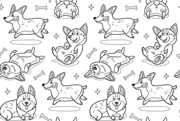Fototapeta premium Corgi seamless pattern in outline. Funny background with cartoon dogs