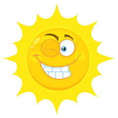 Winking Yellow Sun Cartoon Emoji Face Character With Smiling Expression. Illustration Isolated On White Background