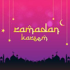 Ramadan Kareem beautiful greeting card with purple gradient colors, the Muslim feast of the holy month of Ramadan Kareem