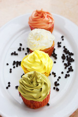 Colorful cupcake  with chocolate on white platter