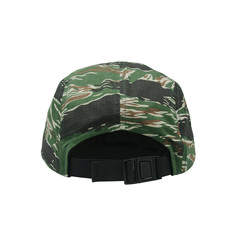 5 panels camo jockey camper cap back view on white background