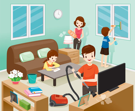 Father, Mother, Son And Daughter Cleaning Home Together, Housework, Appliance, House, Domestic Tools, Spring Season