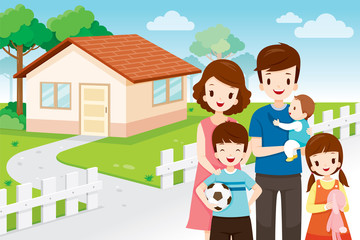 Father, Mother, Son And Daughter Standing Front Their Family Home, House, Building, Landscape, Relationship, Lifestyle