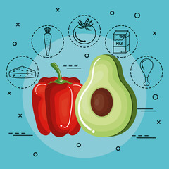 Avocado and pepper with hand drawn food stickers over teal background. Vector illustration.