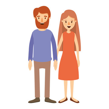 colorful image caricature full body couple woman with long hair in dress and man in casual clothing vector illustration
