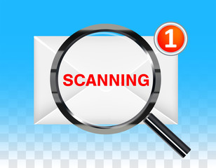 black magnifying glass scanning new e-mail envelope 
