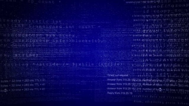Digital text.Info data screens.BLUE.Camera zoom in through Computer program code.Type2