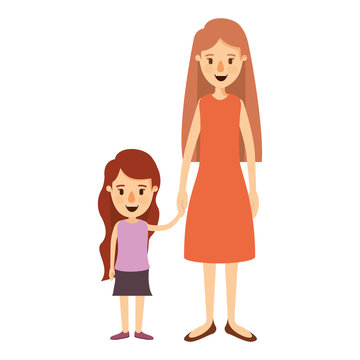 colorful image caricature full body mother in dress taken hand with girl vector illustration