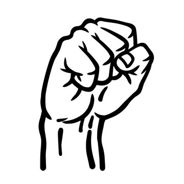 Raised fist of strong man. Hand drawn vector illustration, isolated on white.