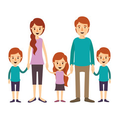 colorful image caricature family with young parents and little kids taken hands vector illustration