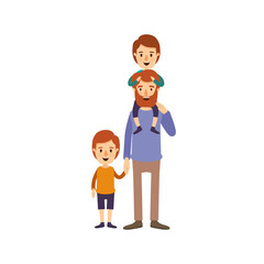 colorful image caricature bearded father with boy on his back and kid taken hands vector illustration