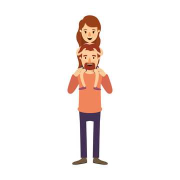 colorful image caricature bearded father with moustache and girl on his back vector illustration
