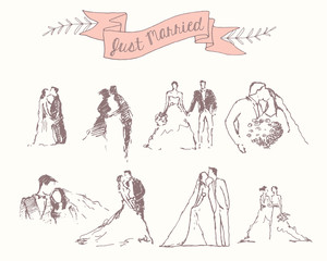 Drawn set bride groom decoration invitation vector