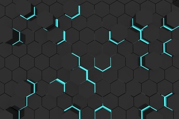 Fototapeta na wymiar blue light abstract background in black hexagons geometric in 3D rendering