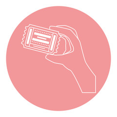 hand with entertainment ticket icon over pink circle and white background. vector illustration