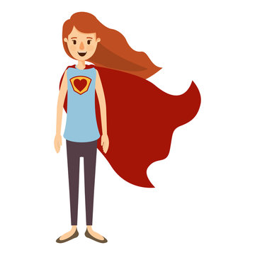 colorful image caricature full body super hero woman with wavy long hair and cap vector illustration