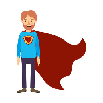 colorful image caricature full body super dad hero with beard and heart symbol in uniform vector illustration