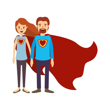 colorful image caricature full body couple super hero with heart symbol in uniform vector illustration