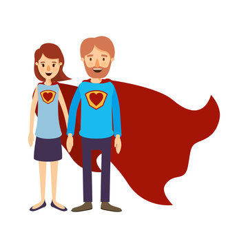 colorful image caricature full body couple parents super hero with heart symbol in uniform vector illustration