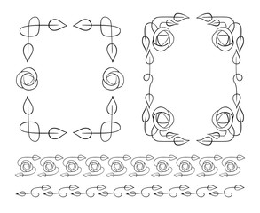 Set of two rectangular decorative frame with stylized rose flowers and leaves. Lines for borders. Vector illustration.