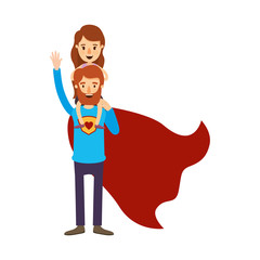 colorful image caricature full body super dad hero with girl on his back vector illustration