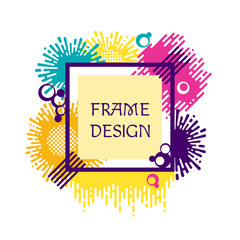 Retro style abstract square frame with dots, splashes, rounds. Decorative design for cover, brochure, card, poster, invitation, placard, flyer. Vector illustration.