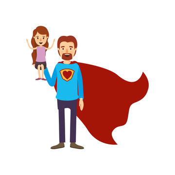 colorful image caricature full body super dad hero with girl on his hand vector illustration