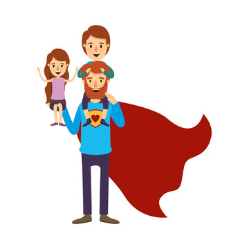 colorful image caricature full body super dad hero with girl on his hand and boy on his back vector illustration