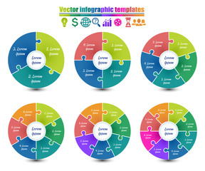 Set of circle infographic templates 3-8 steps same style. Colorful parts of the chart  with puzzle elements. For presentation and design concept. Vector illustration.