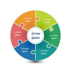 Circle infographic template with 6 steps and central element. Colorful parts of the chart  with puzzle elements. For presentation and design concept. Vector illustration.