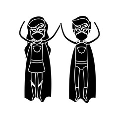 silhouette black front view superhero couple posing with hands up vector illustration
