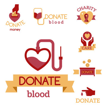 Donation And Volunteer Work Icons. Symbols Or Logo Of Human Care,  Assistance For Health, Help And Hope Sign, Medical Charity And Blood  Giving. Flat Design Elements In Red Color. Royalty Free SVG