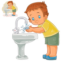 Vector illustration of a little boy washes his hands with water from a tap. Print, template, design element