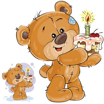Vector illustration of a brown teddy bear holding a cake with a candle in its paws. Print, template, design element for greeting cards and invitations to a party
